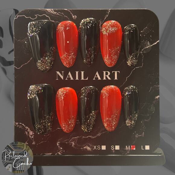 Black and Red Medium Almond Press On Nails - Size Medium - Picture 1 of 2